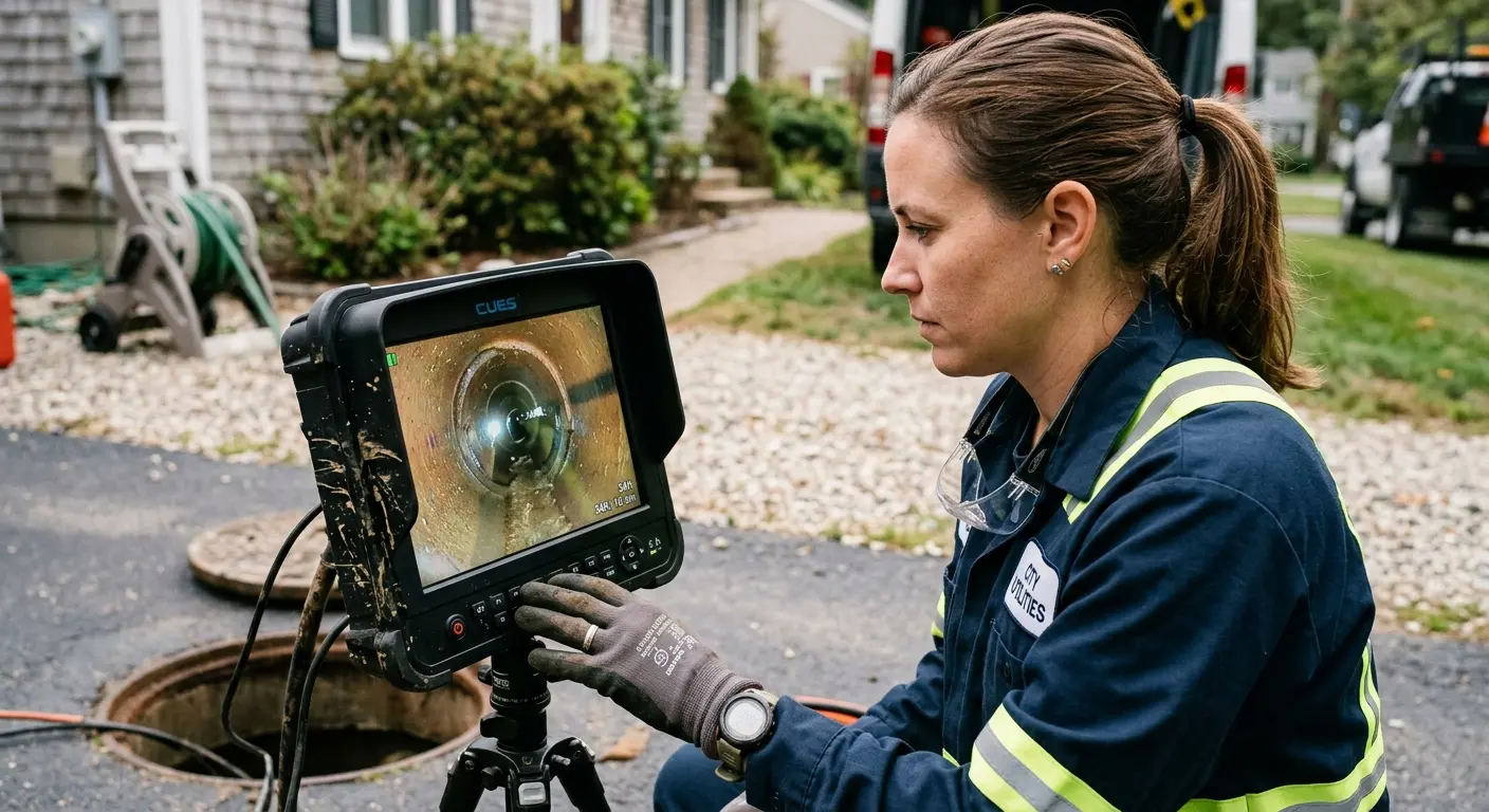 Technician reviewing sewer camera inspection footage in Round Lake Beach