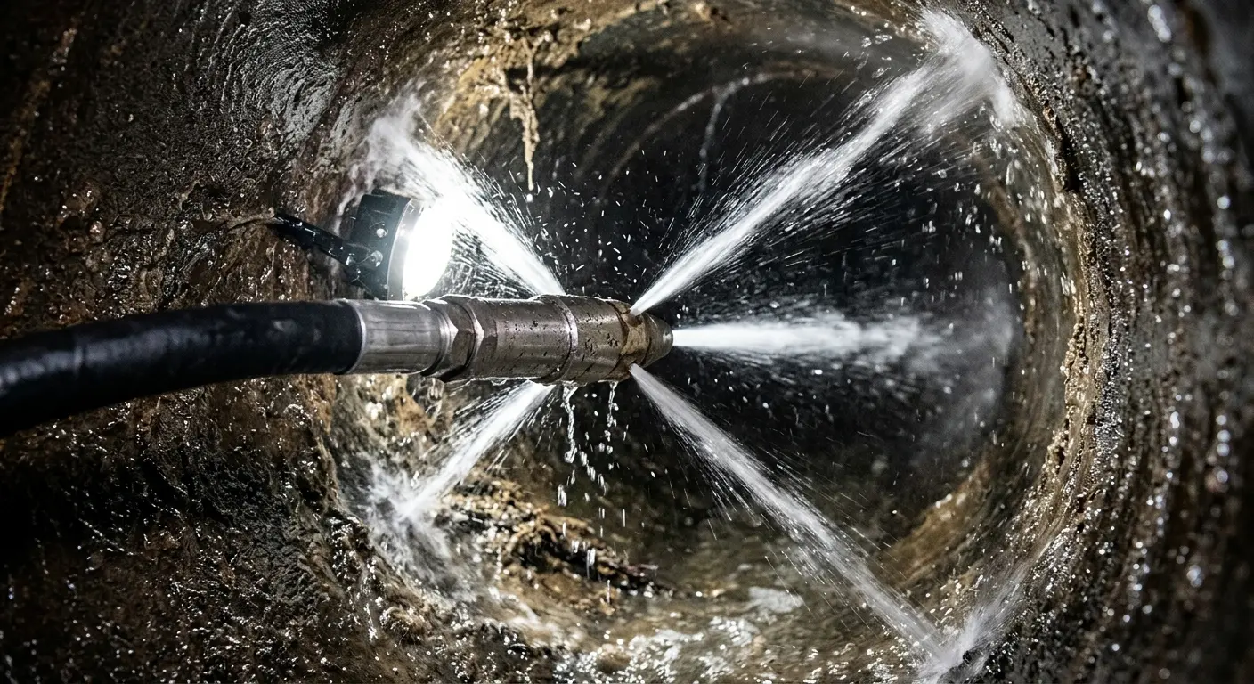 High-pressure hydro jetting nozzle cleaning sewer pipe for Emergency Drain Service in Round Lake Beach