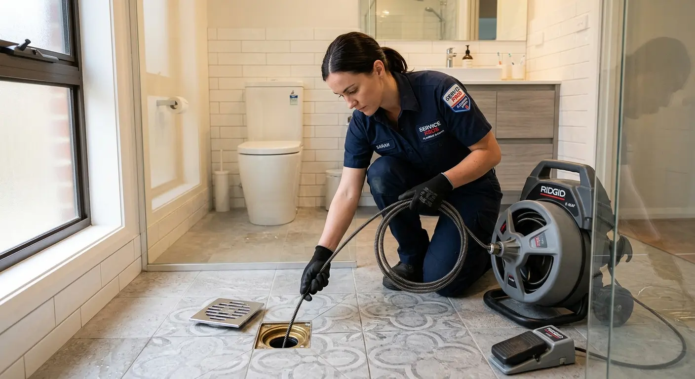Technician clearing a bathroom floor drain for Drain Cleaning in Round Lake Beach